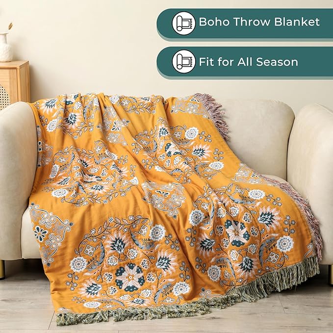 Boho Throw Blanket for Bed,100% Cotton Ultra Soft Lightweight Muslin 4-Layer Breathable Woven Throws 90''x 98'' Blanket Yellow Floral Printed Farmhouse Decor Bed Blankets