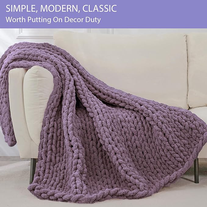 Bigacogo Chunky Knit Throw Blanket for Couch, 40x60 inches, 100% Hand Knitted with Thick Jumbo Chenille Yarn, Cozy Soft Large Rope Knot Cable Crochet Blankets for Sofa Bed Living Room, Winter Grape