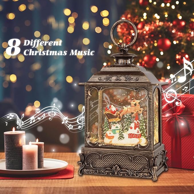Christmas Snow Globes,Christmas Decorations for Home,with 6 Hour Timer,Musical Snow Globe,Battery Or USB Powered,Christmas Lantern,Christmas Festival Decor, Reindeer Vehicle
