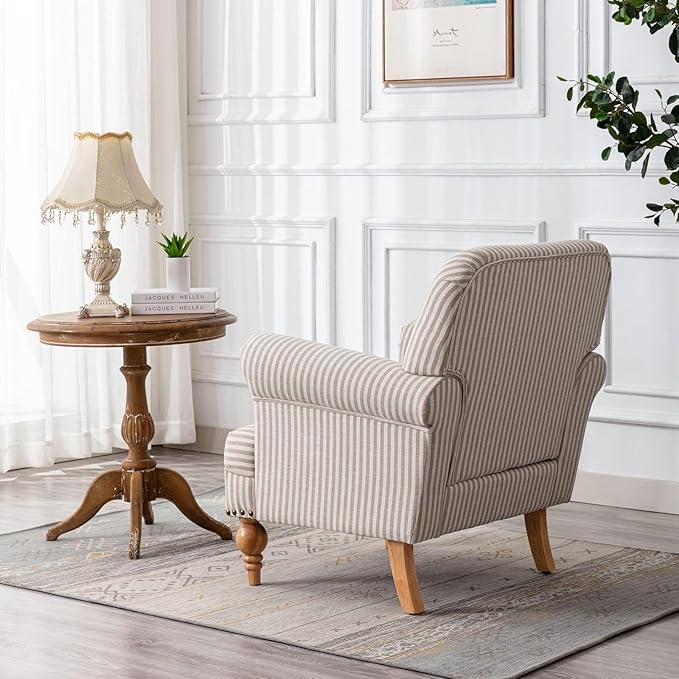 chairus Linen Accent Chair for Living Room Upholstered Mid Century Modern Single Sofa Chair with Solid Wood Legs Comfy Reading Chair Armchair for Bedroom/Office Room/Recption/Lounge, Khaki Stripe