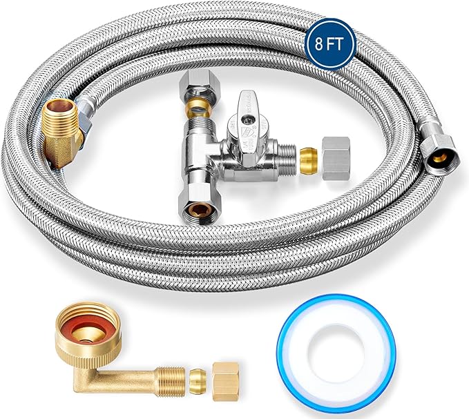 Dishwasher Installation Kit - 8 FT Stainless Steel Braided Dishwasher Hose kit,Food Grade PEX Inner Tube Water Line with 3/8"x 3/8"x 3/8" Tee Stop Valve,3/8"x 3/8"MIP Elbow,3/8"x 3/4"FHT Elbow
