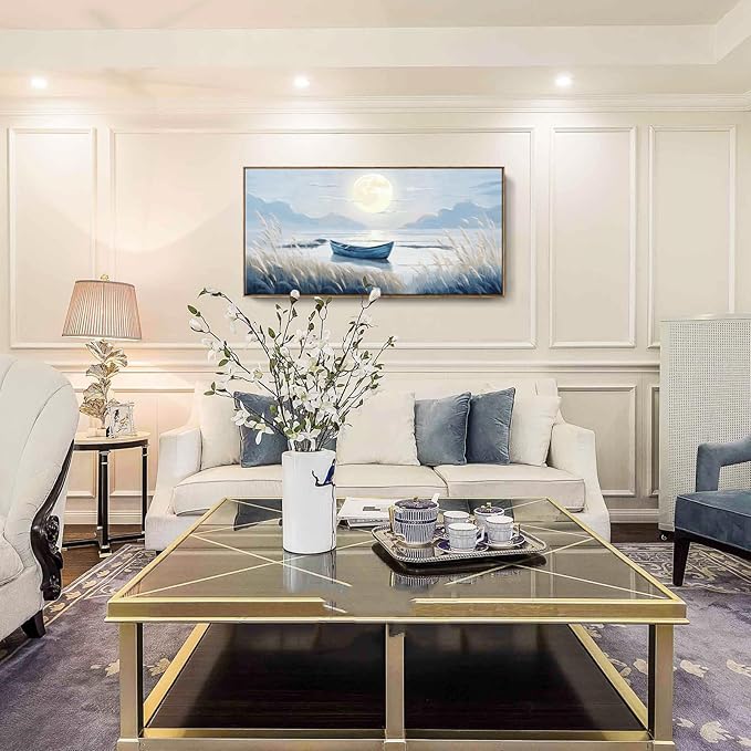 amatop Large Framed Wall Art Bedroom Living Room Decor Blue Boat Moonlight Coastal Seascape Picture Landscape Decorative Canvas Print Tranquil Night Ocean Lake Scene Artwork Nautical Wall Decor 48x24