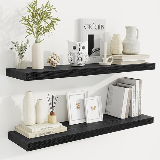 36 Inch Floating Shelves, 9.3 Inch Deep Rustic Wall Shelves - Extra Deeper Wall Mounted Storage Shelves for Bathroom, Kitchen, Living Room (Black, Set of 2)