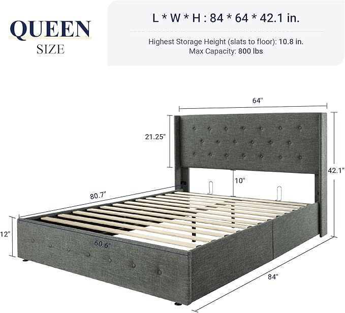 Allewie Queen Size Lift Up Storage Bed, Button Tufted Headboard with Wingback, Hydraulic Support, No Box Spring Needed, Dark Grey