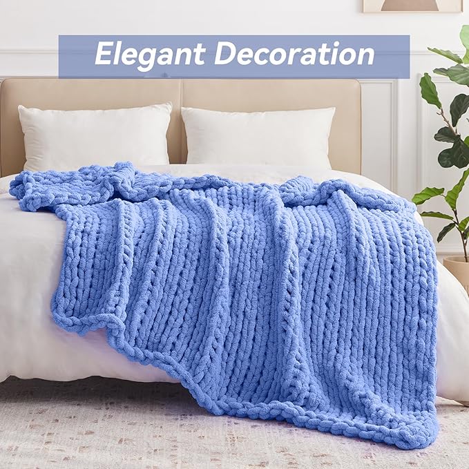 Chunky Knit Throw Blanket, 40''*50'' Knitted Throw Chenille Yarn for Bed Couch, Handmade Light Blue Crochet Big Thick Blanket, Machine Washable Cute Comfy Blanket for Home Decor