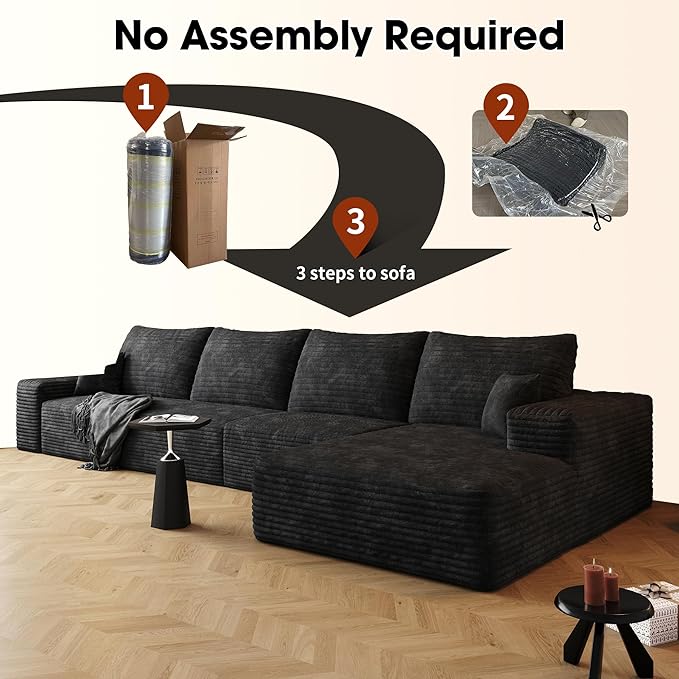 136" Sectional Couches for Living Room Modern Modular Sofa with L-Shape Couchs Upholstered Boneless Couch Deep Seat Sectional Couch with Chaise (Black, Right Facing Chaise+3Seaters)