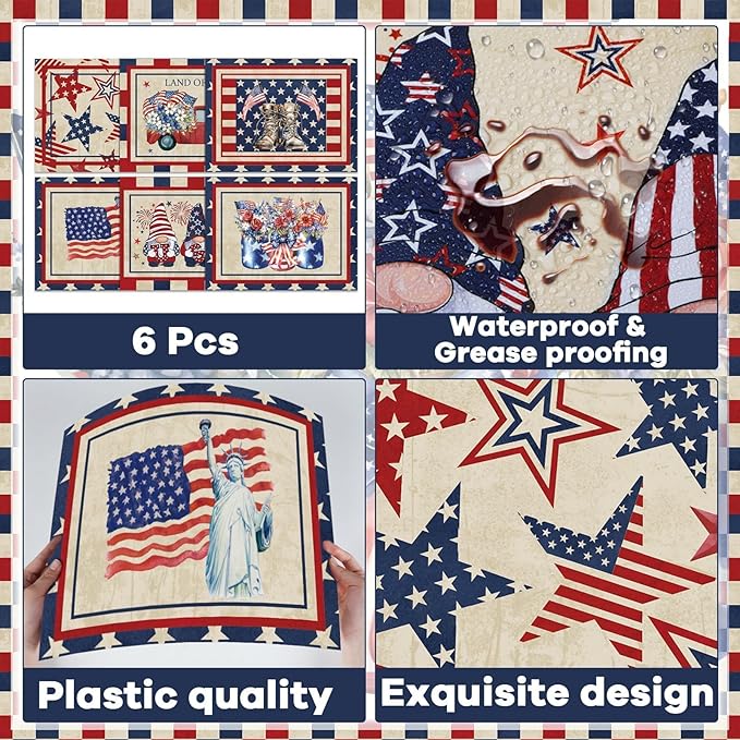 4th of July Placemats Set of 6 Patriotic Plastic Table Mats Independence Memorial Day Vintage America Flag Stars Stripe Place Mats Vinyl Table Decoration for Indoor Outdoor Party Kitchen Dining