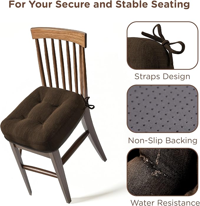 Codi 6 Pack Dining Chair Cushions, Thick Chairs Pads for Indoor Kitchen Room - Washable, Non-Slip Seat Cushion with Ties, 16.5"x16.5"x 3.5", Set of 6, Brown