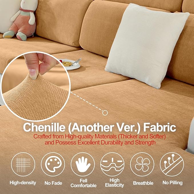 Couch Cushion Covers Individual Large Super Stretch Chenille (Softer Version) Sofa Cushion Covers, Couch Seat Covers Couch Slipcovers Furniture Protector (3PC, Khaki)