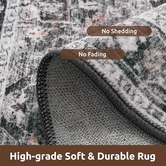 AMOAMI-6FT Round Rug-Rugs for Living Room-Vintage Soft Black Rugs for Bedroom-Non Slip Circle Rug-Machine Washable Rug for Dining Room Living Room Bedroom Office Under Table Dark Grey & Black