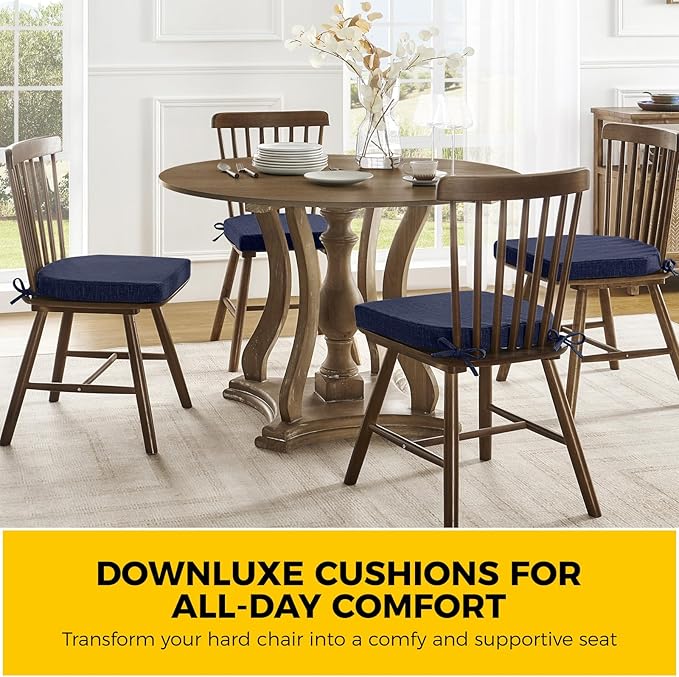 downluxe Indoor Chair Cushions for Dining Chairs, Soft and Comfortable Textured Foam Kitchen Chair Pads with Ties and Non-Slip Backing, 16" x 16" x 2", Navy, 4 Pack