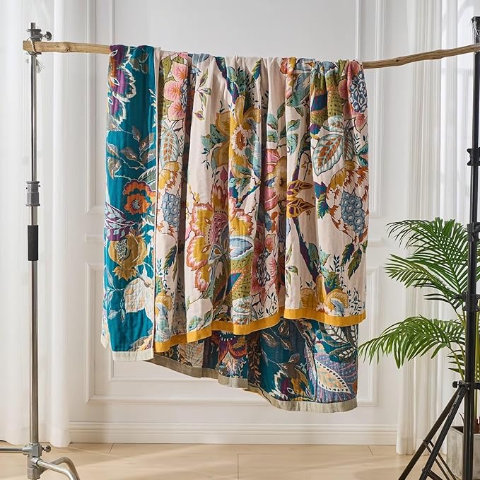Boho Throw Blanket, Ultra Soft Rustic Quilt for Bed, Lightweight Fall Throws Blanket Muslin Blankets for Adults, Picnic, Farmhouse Decor, Cozy 100% Cotton Throw Blankets, Happiness, 60"x80"