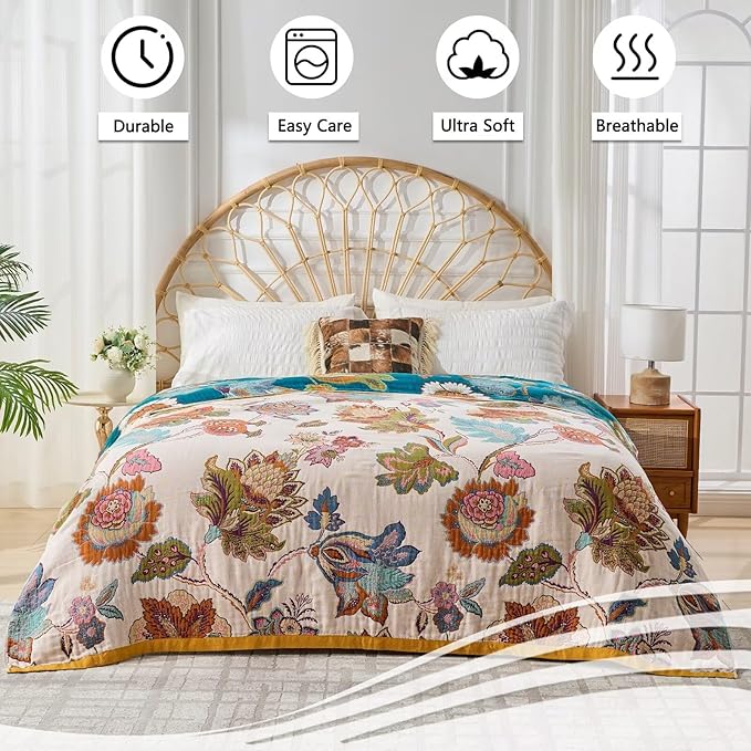 Boho Throw Blanket Reversible Muslin Bohemian Tapestry, Flower Decorated Bohemian Sofa Blanket, Lightweight Breathable 100% Cotton Throw Blanket, Chair Blanket, 50"x60"