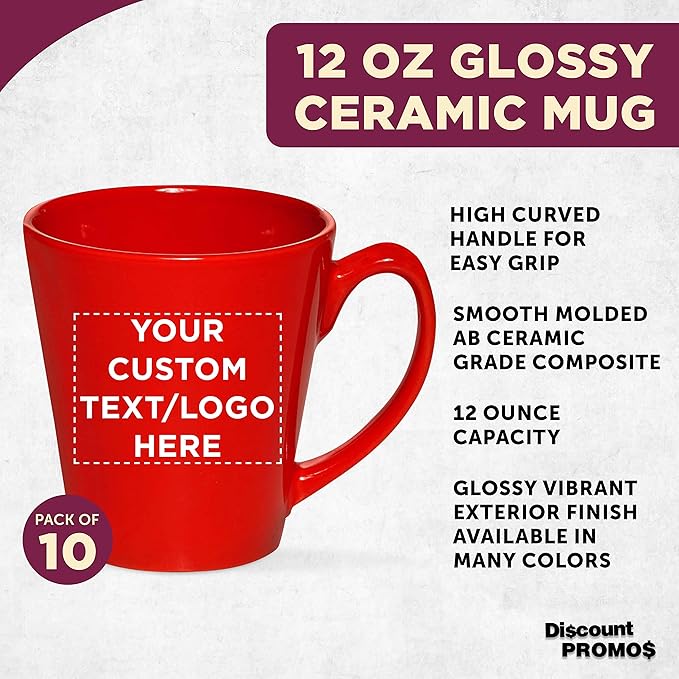 DISCOUNT PROMOS Custom Glossy Ceramic Latte Coffee Mug 12 oz. Set of 10, Personalized Bulk Pack - Perfect for Tea, Espresso, Cappuccino, Hot Cocoa - Red