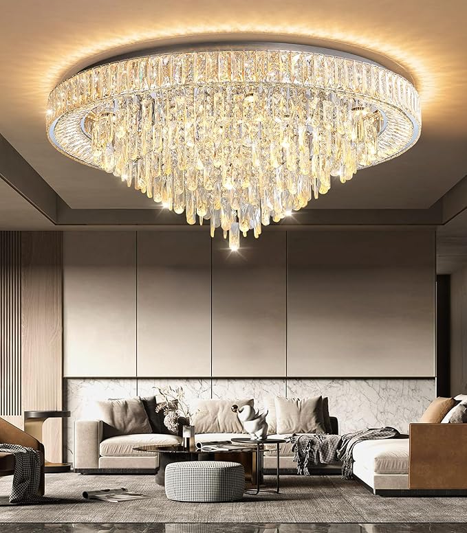 Crystal Chandeliers Modern LED Dimmable Flush Mount Ceiling Chandeliers for Living Room High Ceiling Entrance Foyer Bedroom Dining Room