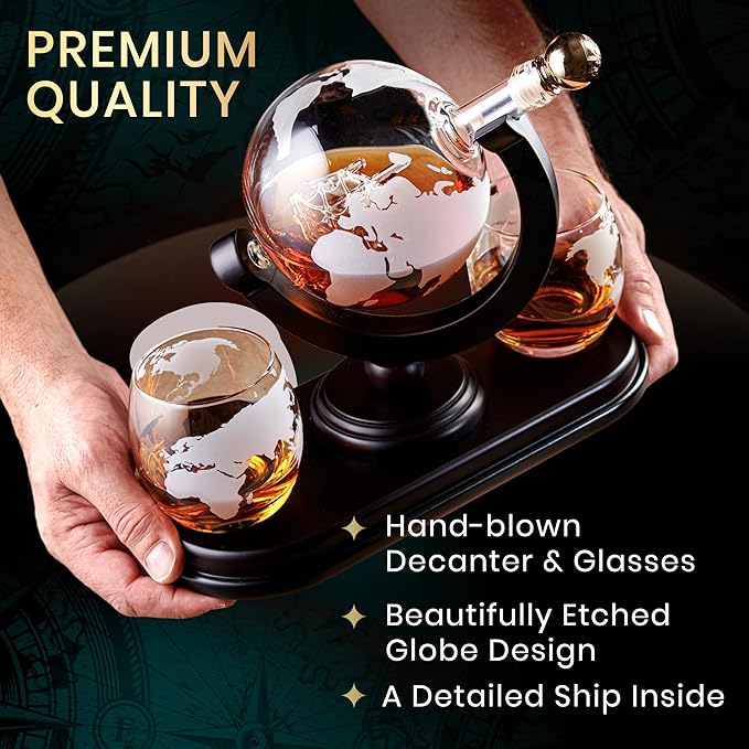 Globe Whiskey Decanter Gift Set by Royal Reserve | Etched World Map Globe Decanter 29 oz 850 ml with Glasses for Bourbon, Liquor – Whiskey Gifts for Men Dad Boyfriend Husband