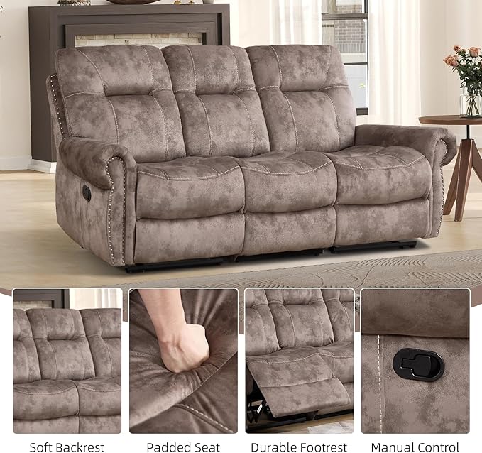 EBELLO Reclining Couch Sofa Furniture Set for Living Room,Vintage Rivet Mid-Century Design, Included 1 Seat Power Massage Recliner Chair, a Manual Loveseat, and a 3 Seater Manual Sofa, Brown