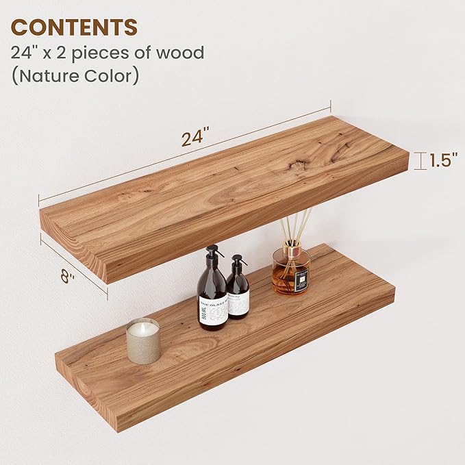 Floating Shelves for Wall Decor, 8" Deep Rustic Solid Elm Wood Floating Shelves Wall Mounted, Wall Shelves with Invisible Bracket for Living Room Bathroom Bedroom Kitchen, 24 Inch Set of 2, Natural