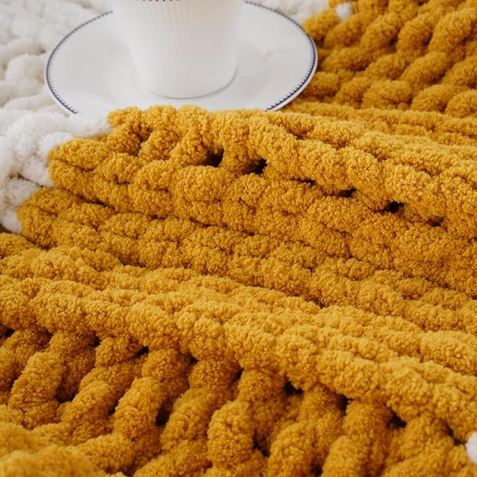 Battilo Chunky Knit Throw Blanket, Soft and Thick Chenille Throw Blanket, 50"x60" Handmade Cable Knit Crochet Blanket, Large Rope Knot Throw Blankets for Couch Sofa Bed Home Decor, Yellow & White