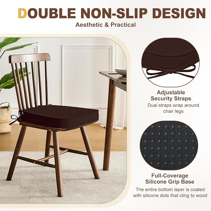 downluxe Chair Cushions for Dining Chairs, Waterproof Kitchen Chair Pads, Non-Slip Dining Seat Cushion with Ties, 17" x 16" x 2.5", Brown, 4 Pack