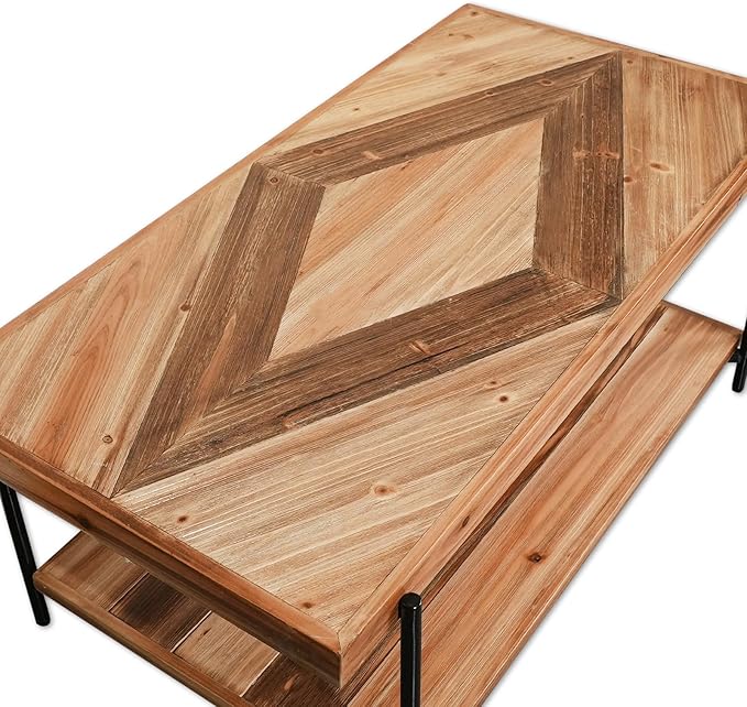 CONSDAN StoneCreek Coffee Table, Solid Fir Wood & Metal Frame, 2-Tier Industrial Farmhouse Table for Living Room/Office, 44" Rectangular Table