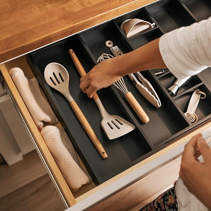 Adjustable Kitchen Drawer Organizer for Utensils and Junk, Food-Safe Contract Grade with 100% Sustainable Wood, Expandable from 16 to 28 Inches Wide - Black Bamboo