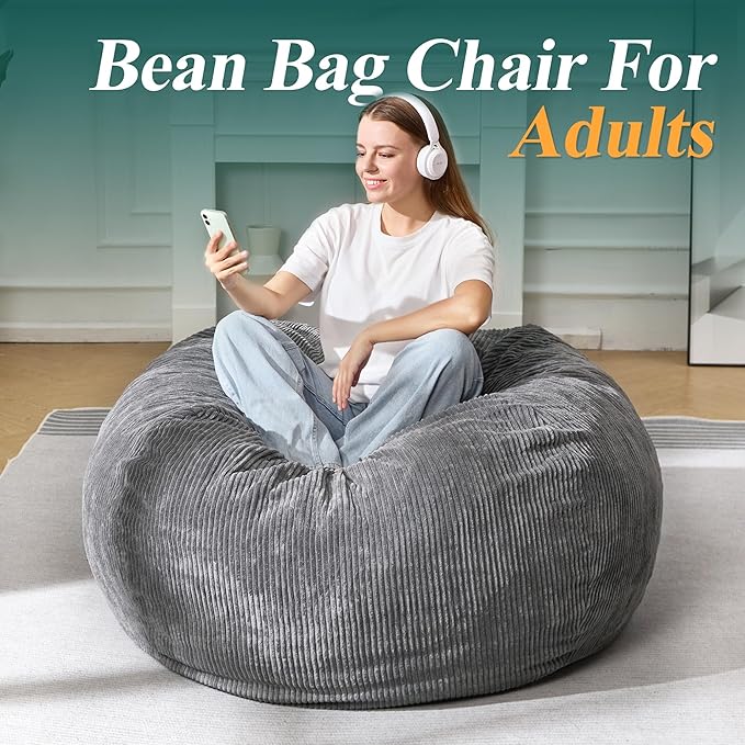 3.5FT Bean Bag Chairs Teardrop Bean Bag Chair for Adults Beanbag Chair with Memory Foam Filled Machine Washable Cover for Living Room, Bedroom (Large,Grey)