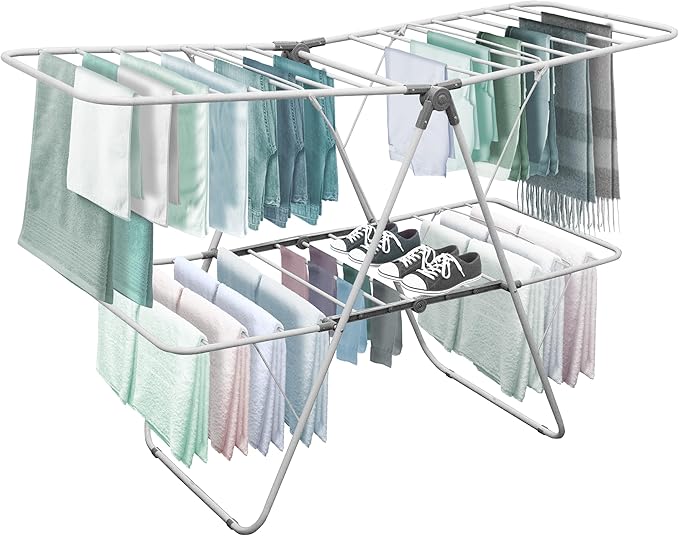 Brookstone – Extra Large – Double Spaced - 2 Tier Collapsible Clothes Drying Rack, Indoor/Outdoor Folding Hanging Garment Stand [NO Assembly - Ready Out of The Box]