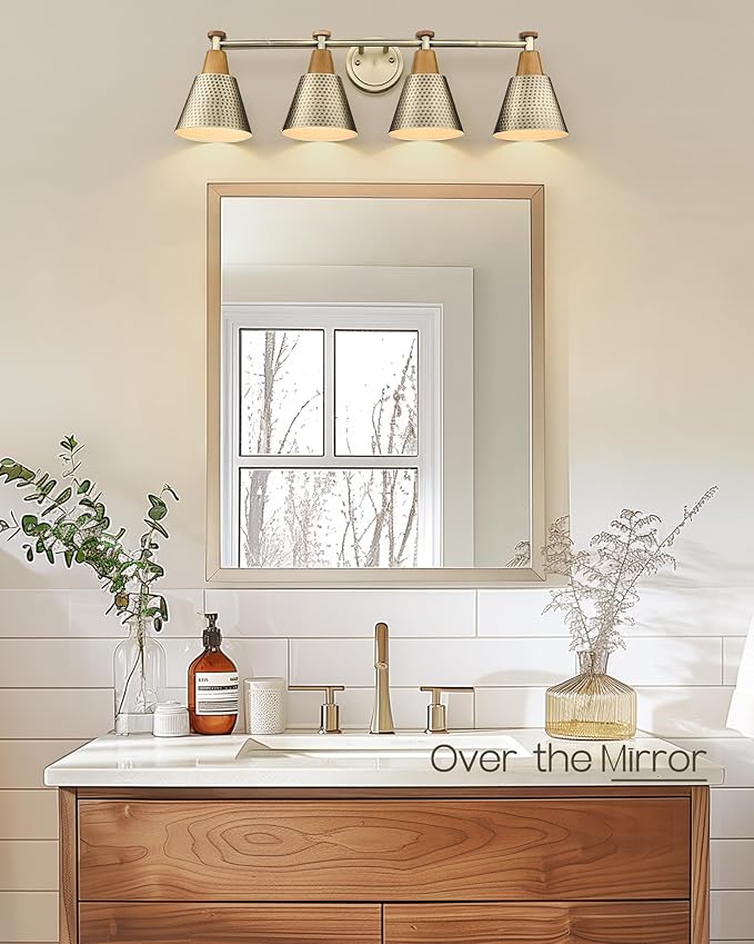 FEMILA Vanity Lights, 4-Lights Bathroom Light Fixtures Over Mirror, Antique Brass Wall Sconces Lamp with Hammered Metal Shade Finish, 4FG59B-4W BG