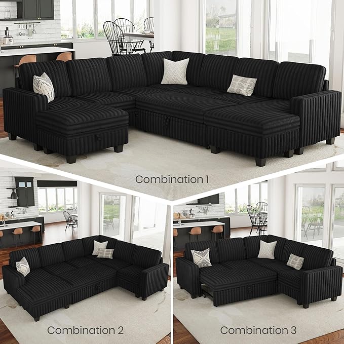 Belffin Modular Sectional Sleeper Sofa with Pull Out Couch Bed Corduroy Double Chaise with Storage Black Couch