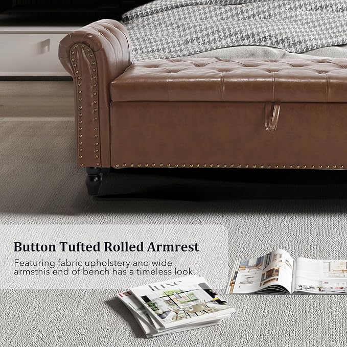 Furniliving 55” End of Bed Bench, Bedroom Bench with Button-Tufted, Large Upholstered Storage Ottoman Entryway Bench with Storage Shoe Cabinet Bench, for Bedroom, PU, Brown