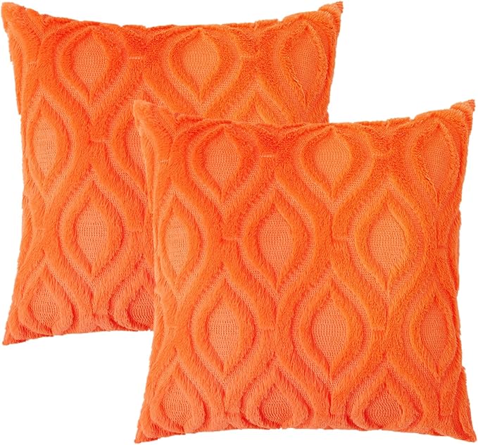decorUhome Fall Throw Pillow Covers 26x26 Inch Set of 2, Soft Plush Decorative Faux Fur Orange Solid Couch Pillow Covers, Accent Farmhouse Neutral Square Euro Pillow Cases for Sofa Bed Living Room