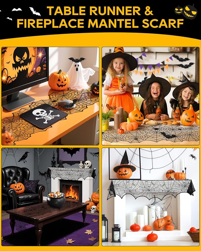 eZAKKA 5 Pack Halloween Decorations Indoor Halloween Spider Web Tablecloth Table Runners Fireplace Mantel Scarf Cobweb Lampshade Scary 3D Bats for Parties Gothic Spooky Home Decoration