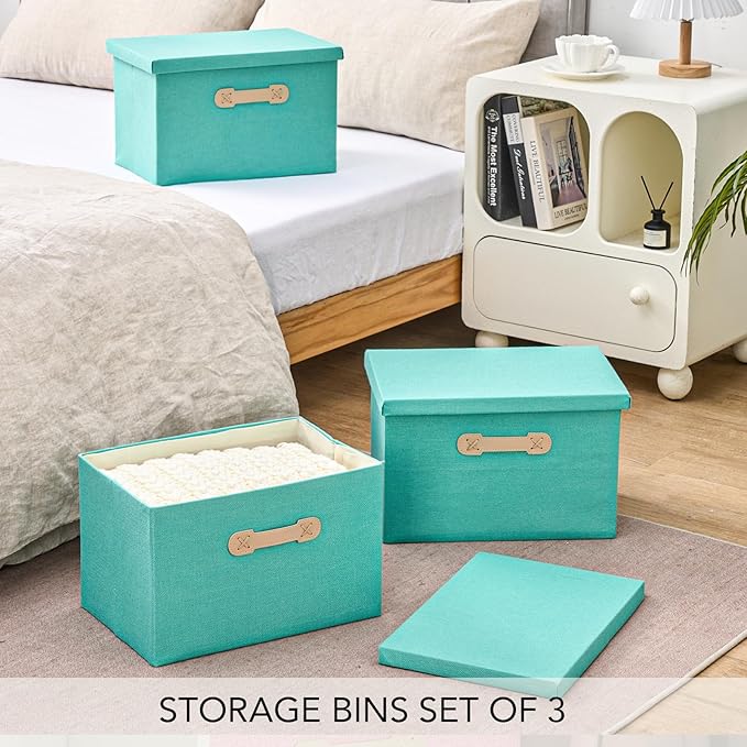 Enzk&Unity Decorative Storage Bins with Lids, Fabric Linen Foldable Storage Box with Handle Home Organizer for Shelf, Closet, Bedroom, Living Room, Office, 3 Packs, Teal