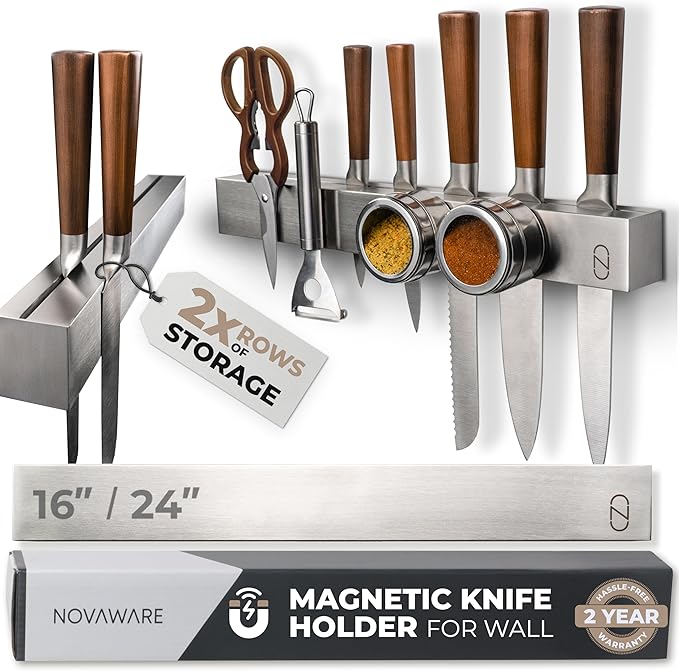 16" Magnetic Knife Holder for Wall with 2x Storage - Safe, Patented Storage Design - Stainless Steel Knife Magnetic Strip, Under Cabinet Knives Storage - Magnet Strip Rack Kitchen Utensil Organizer