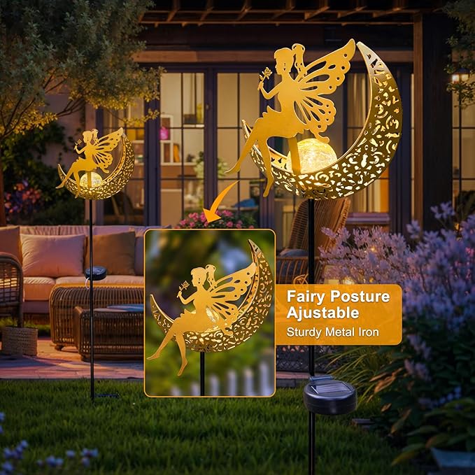 Fairy Moon Solar Lights Outdoor Garden Gifts for Mom Yard Decorations Stakes Lights, Waterproof LED Outside Backard Decor, Lawn Patio Ornaments, Mothers Day Birthday Gifts for Mom (Gold,1Pack)