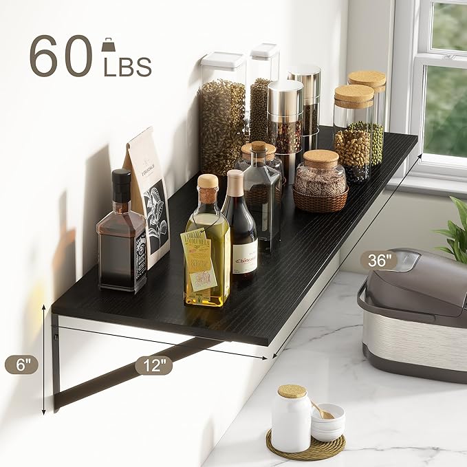 36"W x 12"D Floating Shelves, Black Deep Floating Shelves for Wall with Brackets, 12 Inch Deep Wall Shelves for Books, Wide Display Storage Shelves for Bathroom, Living Room, 36 Inch Long, Set of 2