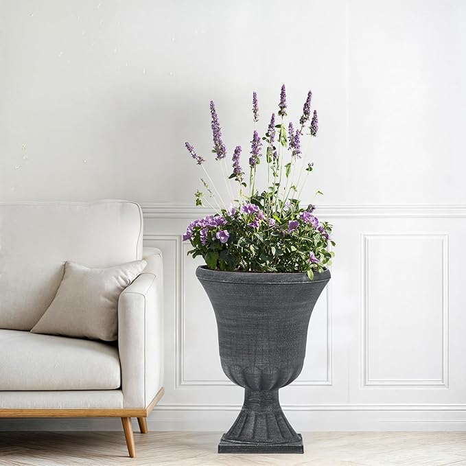 22" Timeless Urn Planters for Outdoor Plants, Set of 2 Plastic Large Flower Pot with Handmade Washed Black Finish, Weather-Resistant for Porch, Garden, Patio or Indoor Use
