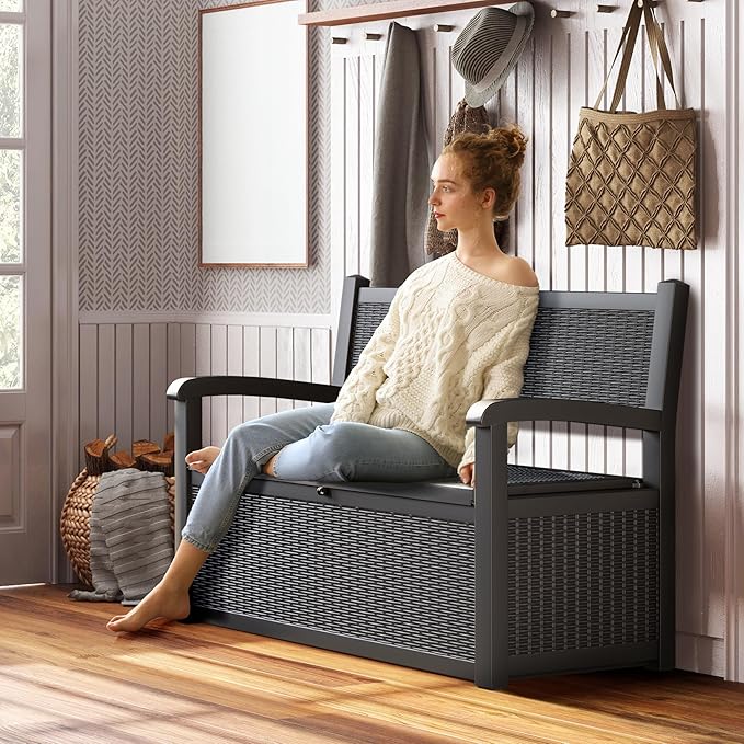 70 Gallon Deck Bench with Storage,Outdoor Storage Box Bench Waterproof&Lockable, Resin Patio Furniture with Armrest for Patio, Porch, Garden,Black