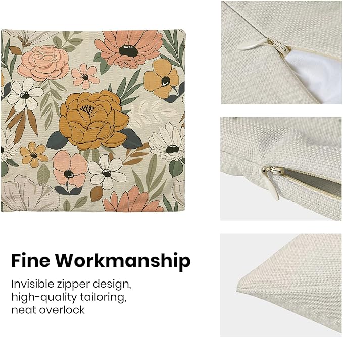 CXMEIFLY Spring Floral Pillow Covers 20 x 20 Inch Set of 2 for Vintage Mustard Yellow Pink Flowers Decor Throw Pillows Plant Cream Outdoor Decorative Cushion Cases for Couch Bed Decorations