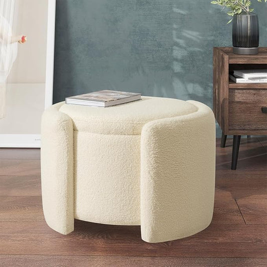 Furniliving Upholstered Button Tufted Round Ottoman, Ottoman with Storage, Teddy Footrest Stool, Removable Lid Convenient Footstools, Bedroom Ottomans with Storage for Vanity, Living Room, Beige