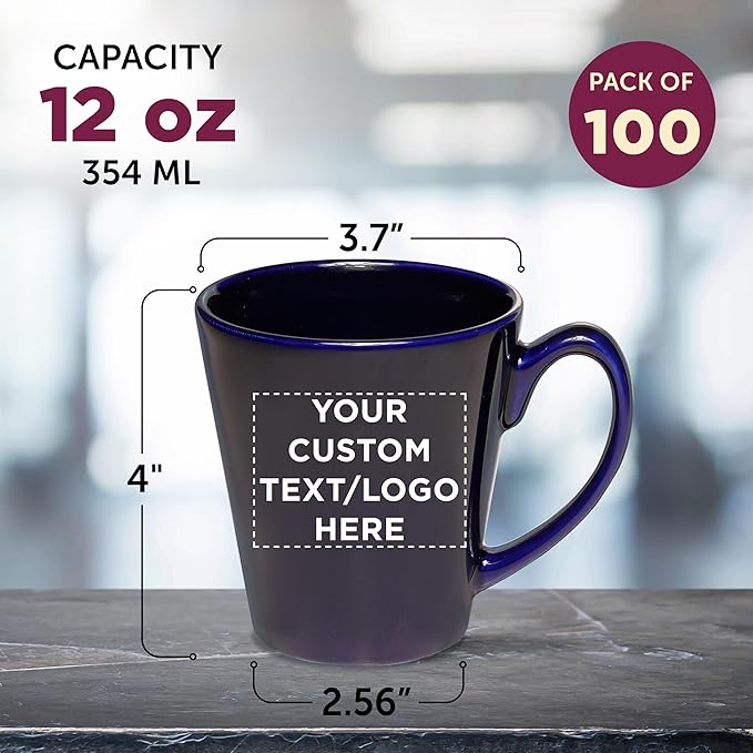 DISCOUNT PROMOS Custom Glossy Ceramic Latte Coffee Mug 12 oz. Set of 100, Personalized Bulk Pack - Perfect for Tea, Espresso, Cappuccino, Hot Cocoa - Blue