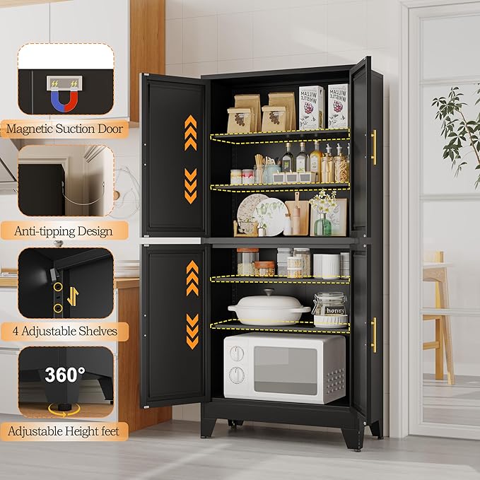 75.2" Tall Metal Pantry Cabinet, Storage Cabinets with 4 Door and 4 Adjustable Shelves, Black Kitchen Pantry Storage Cabinet, Freestanding Cupboard for Kitchen Dining Room Living Room Bathroom