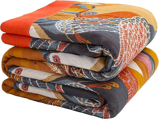 Boho Large Throw Blanket, 100% Organic Cotton Breathable Soft Bed Throw - Floral Bird Farmhouse Decor Blanket for Sofa Couch Chair Quilt and Gift. 60" x 80"- Colorful