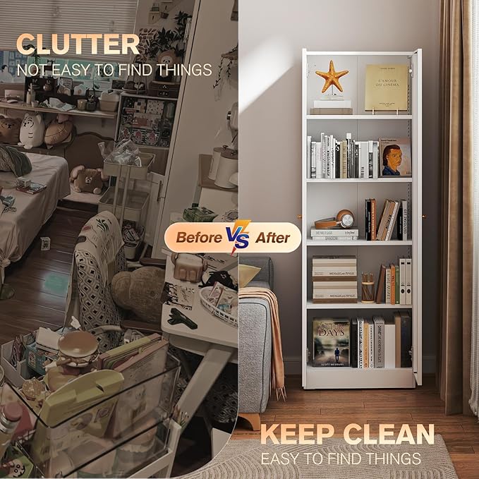 5 Tier Metal Curio Cabinets, Modern Bookshelf Cabinet with 4 Adjustable Shelves, Cabinet Display Case for Home Office, Living Room, Pantry (White-23.54W-Metal Door)