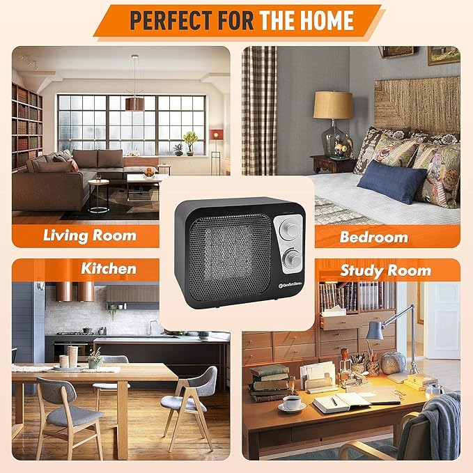 Comfort Zone Space Heaters for Indoor Use, Portable Heater, Fast Heating, Electric Heater, Thermostat, Retro Design, Bedroom Heater with Overheat Protection, Safety Tip-Over Switch 1,500W, Black