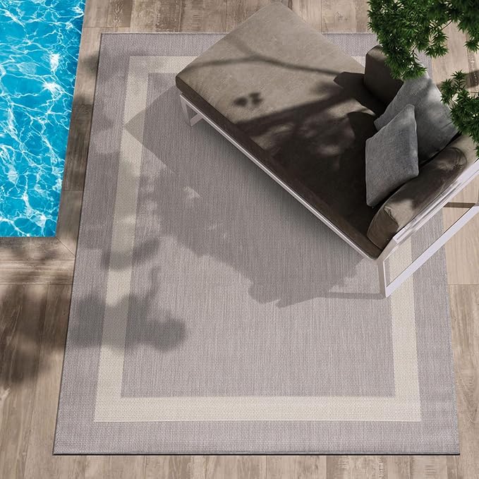CAMILSON Outdoor Rug 8x10,Modern Outside Rugs for Patios Porches Waterproof Durable Washable Non-Shedding, Easy-to-Clean Indoor Outdoor Area Carpet (8 x 10, Bordered - Gray/White)