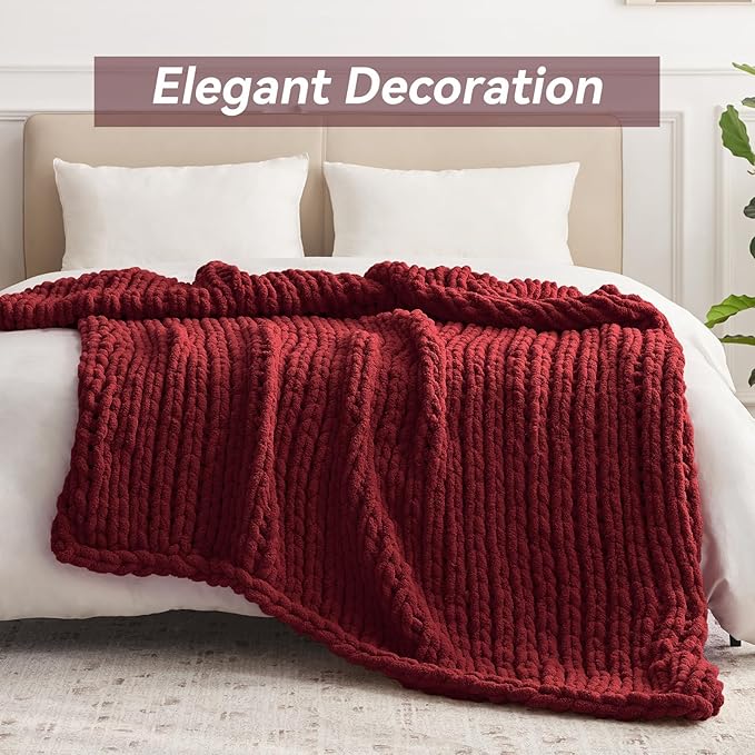 Chunky Knit Throw Blanket, 30''*40'' Knitted Throw Chenille Yarn for Bed Couch, Handmade Red Crochet Big Thick Blanket, Machine Washable Cute Comfy Blanket for Home Decor