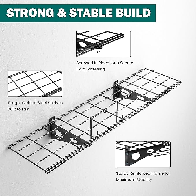 EVERHANGER Garage Wall Shelves, 12 X 48 Inch Wall Mounted Storage Shelves, Heavy Duty Metal Shelving with Hooks, 2 Pack, Black