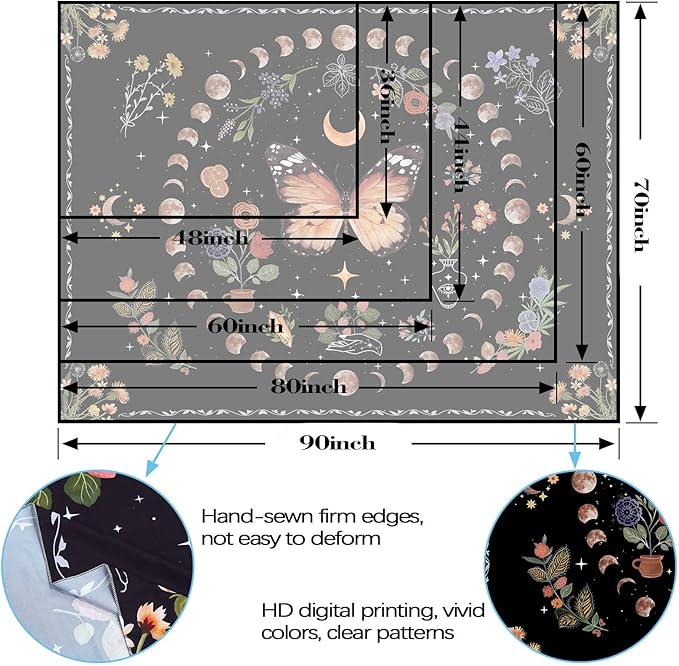 Fowocu Orange Butterfly Moon Flower Tapestry Boho Floral Plant Tapestries for Bedroom Aesthetic Tapastry's Wall Hanging Mandala Botanical Wall Tapestry for Living Room Dorm (Yellow, 80'' × 60'')